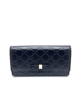 Authentic Gucci GG Black Guccissima Leather Bow Flap Continental Long Wallet